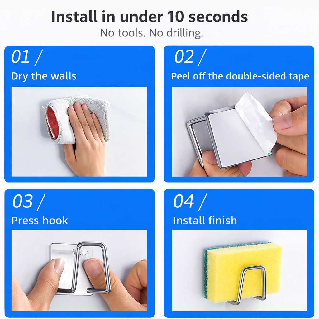 Stainless Steel Sponge Holder (No-Drill, Rust-Free)
